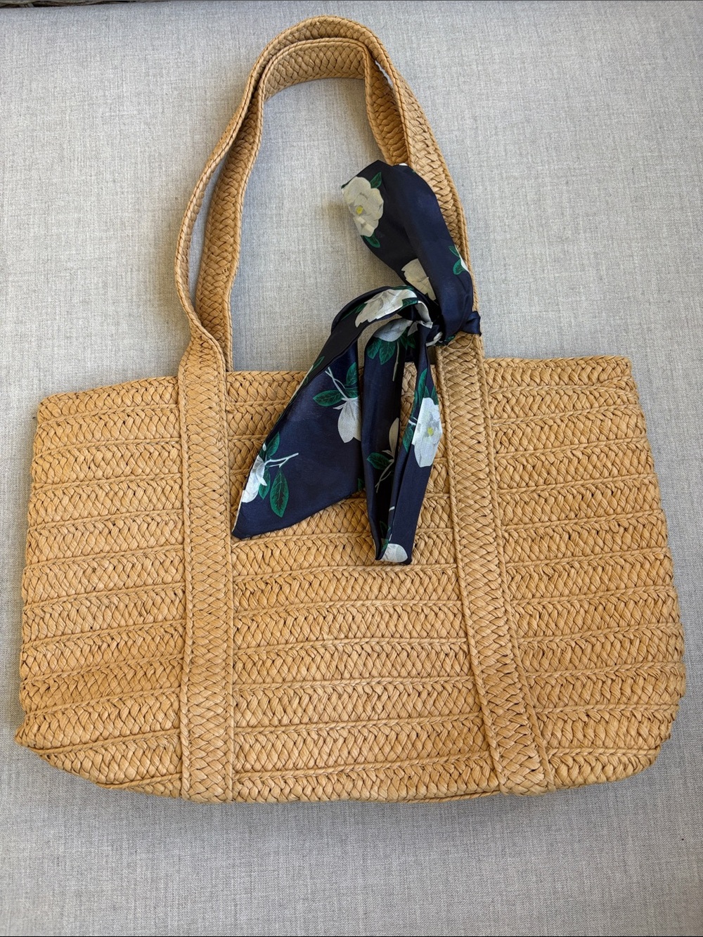 Draper James Tan Woven Tote with Navy Floral Scarf